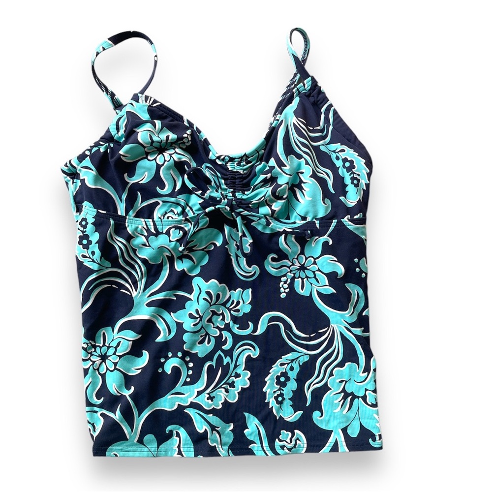 Lands' End Navy and Aqua Floral Tankini Top